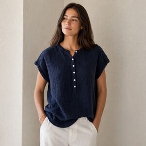 Faherty Women Organic Cotton Gauze Henley Short Sleeve Top Small